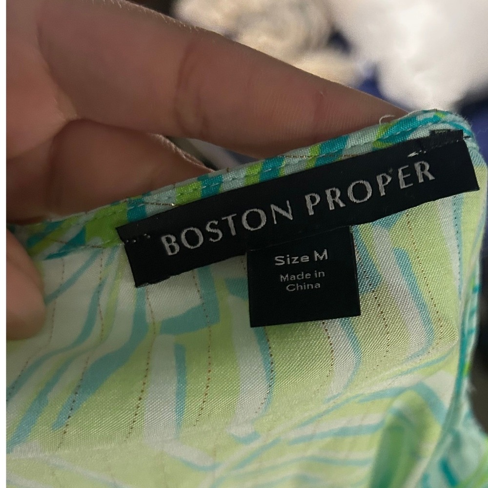 Boston Proper Tropical Palm Leaf Metallic Stripe V-Neck Blouse Green Blue M - Picture 6 of 8